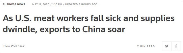 路透社报道截图 “美国因工人感染导致供应下降,对中国的出口则大量增加”