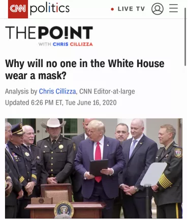 ▲CNN发文《为什么白宫里没人戴口罩?》,称特朗普有政治目的