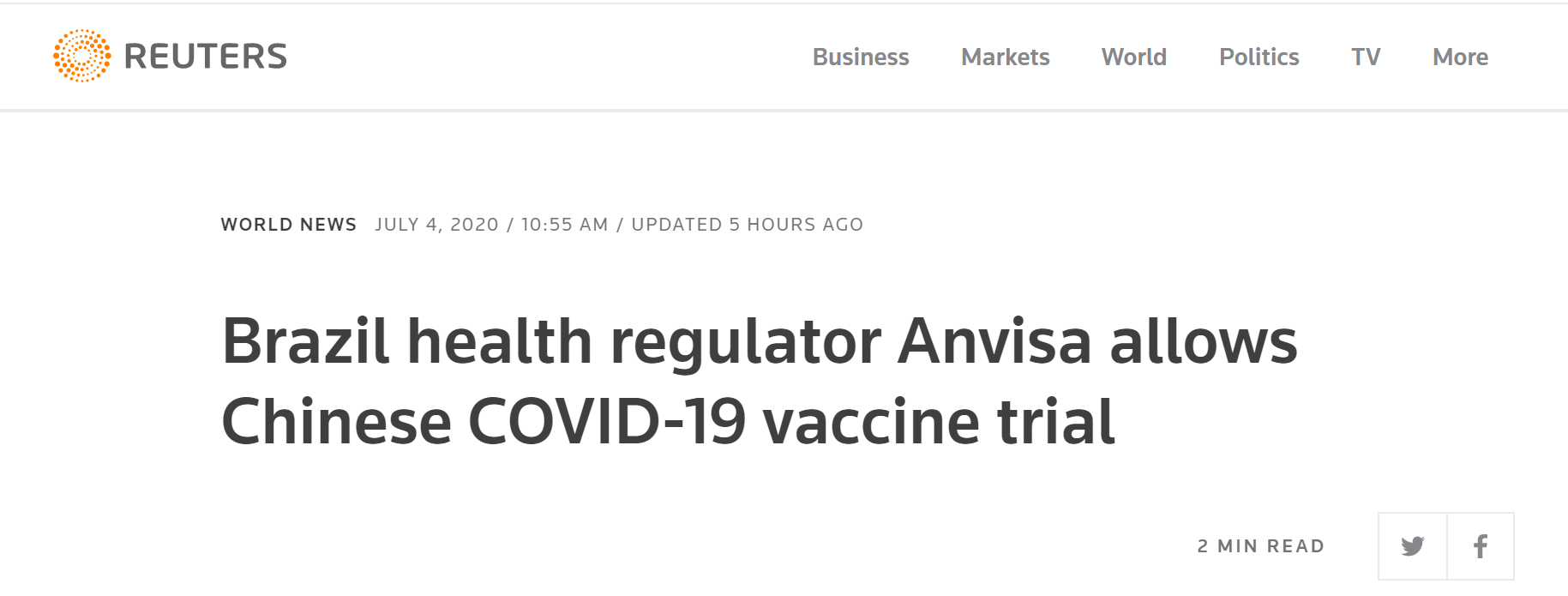 路透社:巴西卫生监管机构国家卫生监督局(ANVISA)批准中国研发的新冠肺炎疫苗进行临床试验