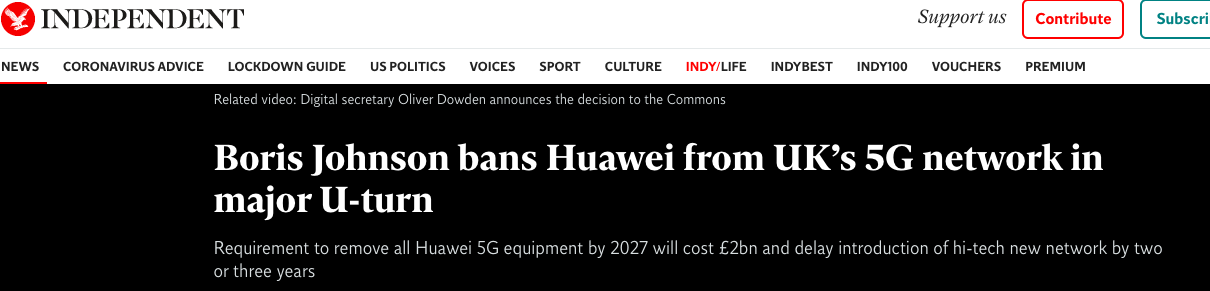 △英国《独立报》:英国将禁止华为参与5G建设