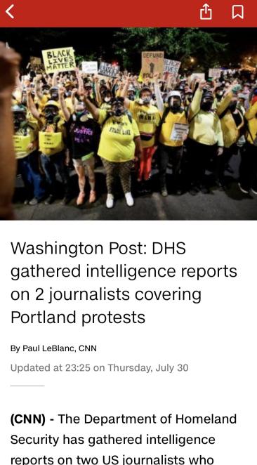 △CNN称,美国国土安全部收集两名报道波特兰抗议事件的记者信息