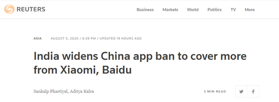 路透社:印度禁用更多中国App