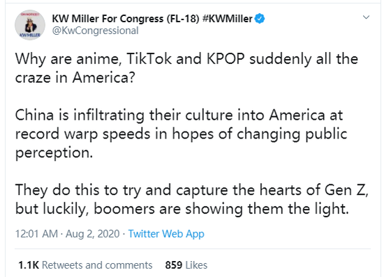 (图为前两天美国一名政客居然宣称韩国流行乐和日本动漫也是中国入侵美国文化的攻势,搞得韩国和日本网民一脸懵圈)
