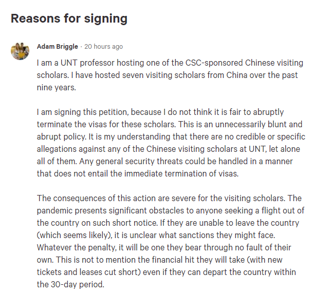 (图为北得克萨斯州大学一名教授的留言)