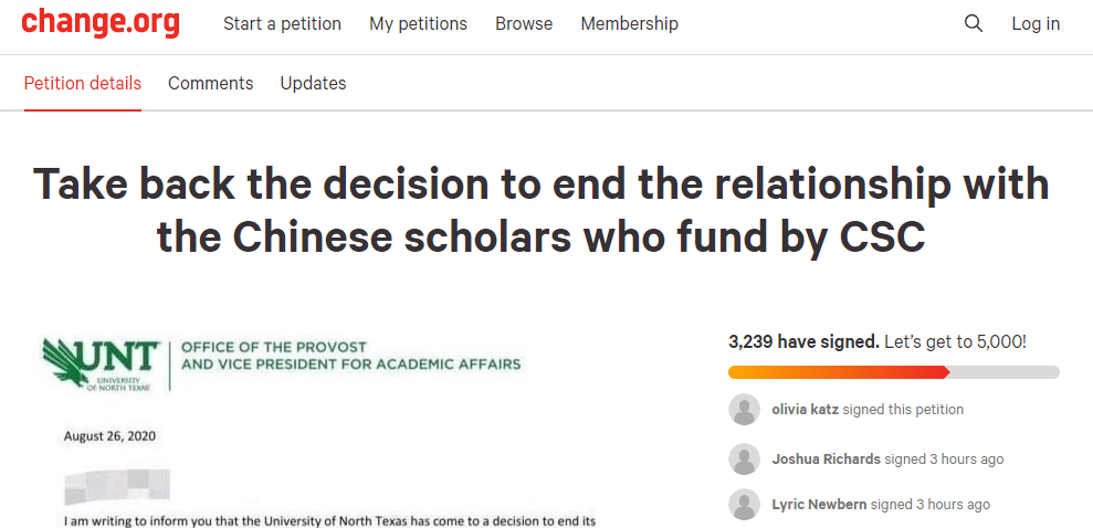 (截图来自change.org上为北得克萨斯州大学的中国公派学生求助的帖子)