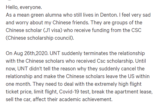 (截图来自change.org上为北得克萨斯州大学的中国公派学生求助的帖子)