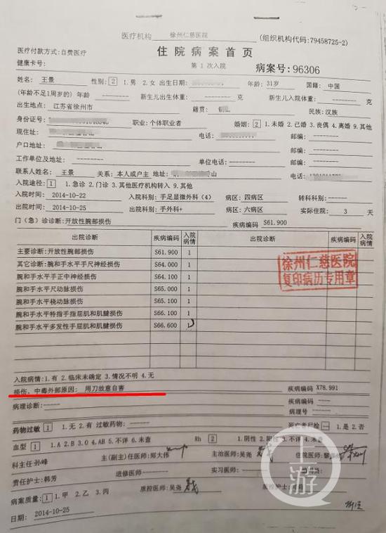 ▲王景称为阻止王在清从事卖淫活动自己曾割腕自杀,但王在清依然我行我素。图片来源/受访者供图
