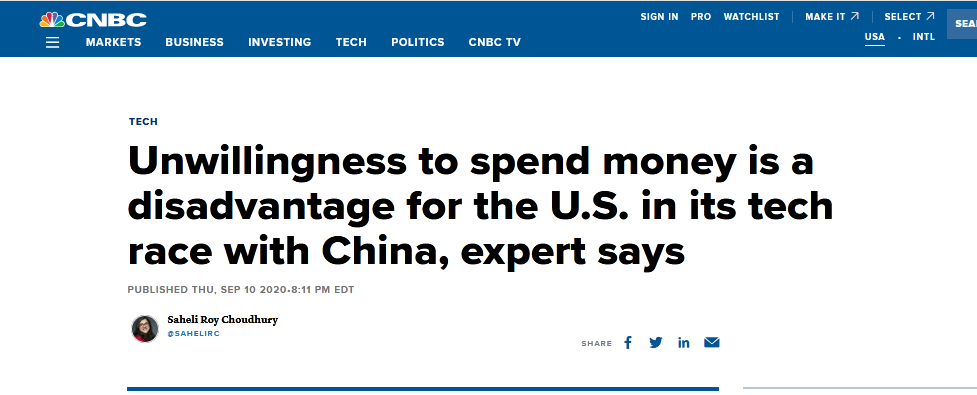 CNBC:专家称在与中国的科技竞赛中,不愿花钱是美国的一大劣势