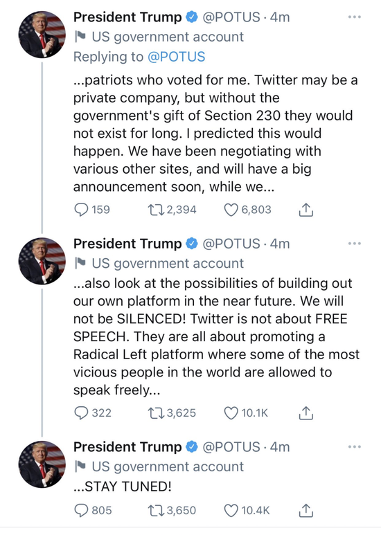 ▲特朗普通过“总统特朗普”官方账号(@POTUS)发出多条推文,但很快被删除。