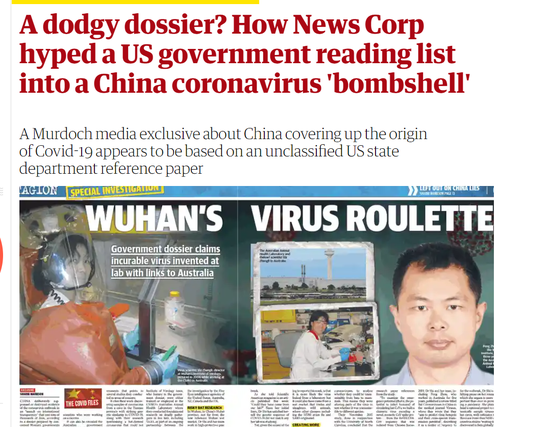 (图为英国《卫报》去年5月发布的一篇揭露澳大利亚新闻集团编造假新闻,谎称新冠病毒是中国武汉病毒所制造的报道)