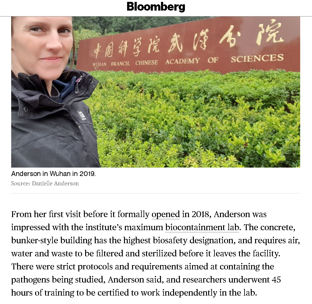 (图为安德森对彭博社介绍她对武汉病毒所的积极印象)