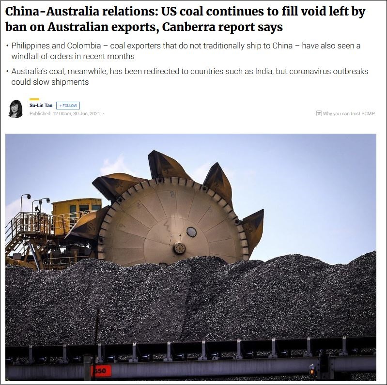《南华早报》援引澳大利亚工业部报告称:美国煤炭正持续填补澳大利亚留下的空缺