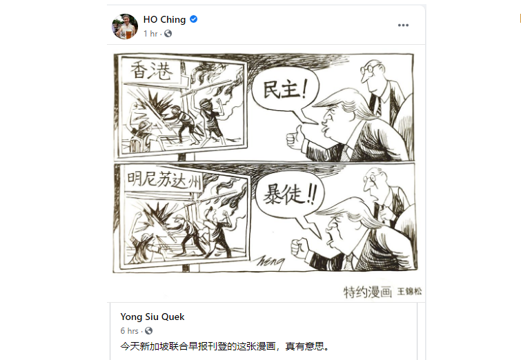 新加坡总理夫人转发一张内涵美国的漫画 获大量点赞
