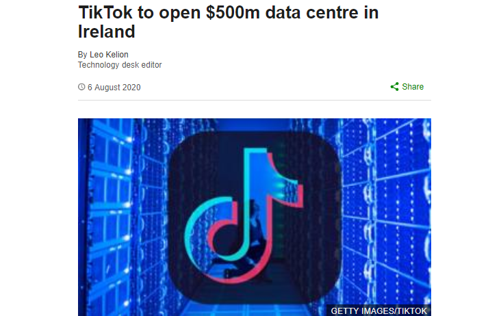 TikTok：将斥资5亿美元在爱尔兰设欧洲数据中心