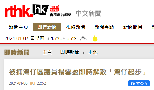 湾仔区议员杨雪盈被捕 其牵头成立的组织宣布解散